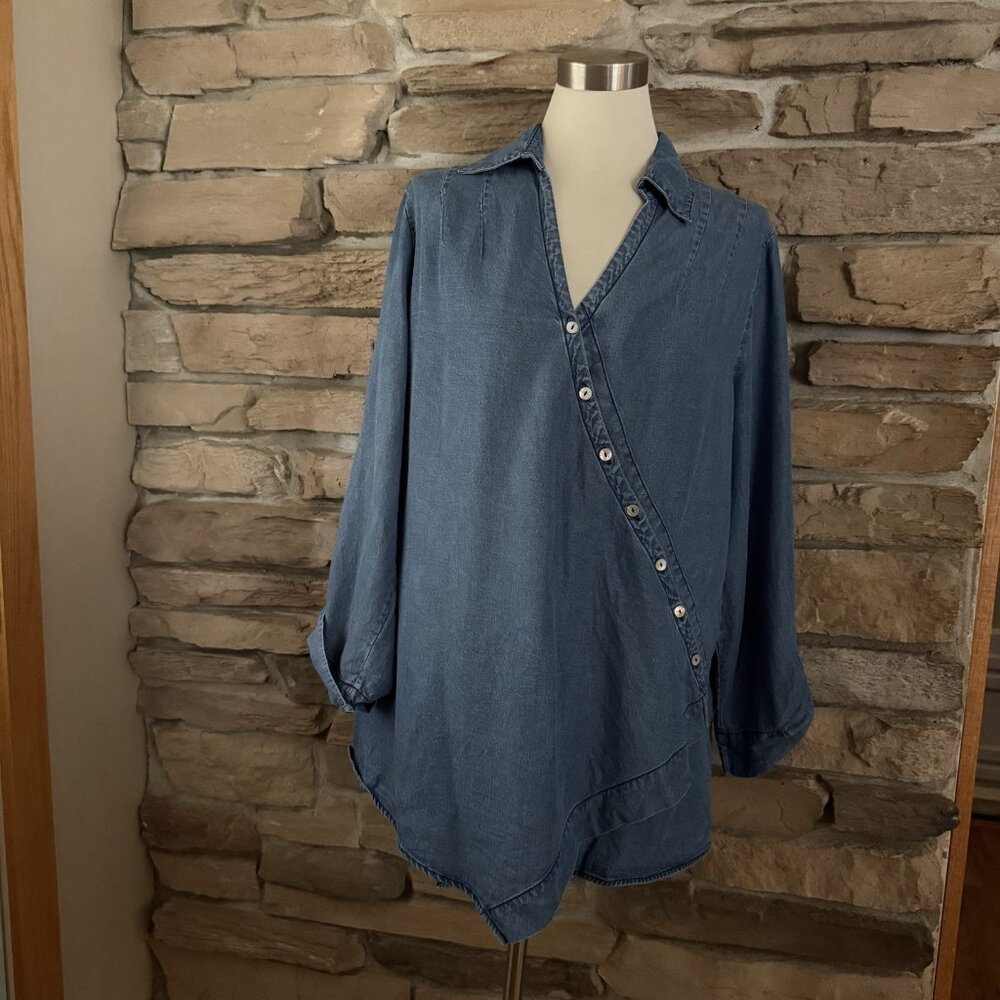 Soft Surroundings Indigo Asymmetric Button-Front Blouse